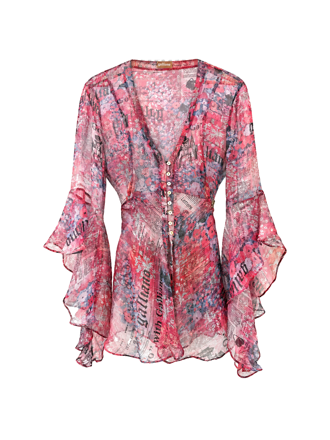 JOHN GALLIANO Y2K Newspaper print sheer silk blouse