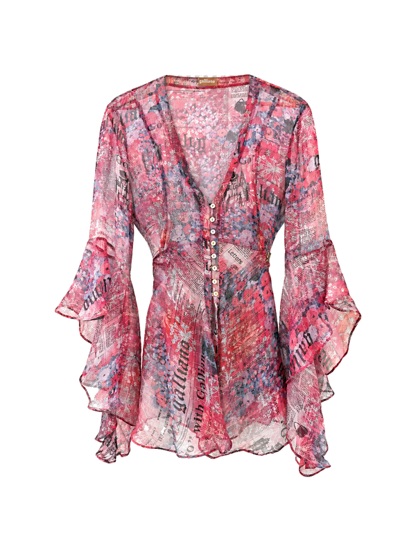 JOHN GALLIANO Y2K Newspaper print sheer silk blouse