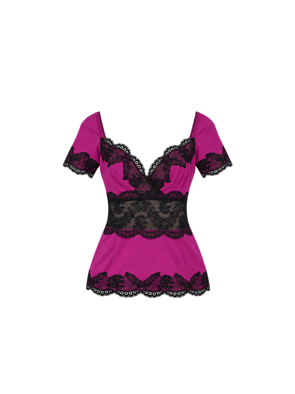 Dolce & Gabbana Magenta & Black Lace Short Sleeve Top