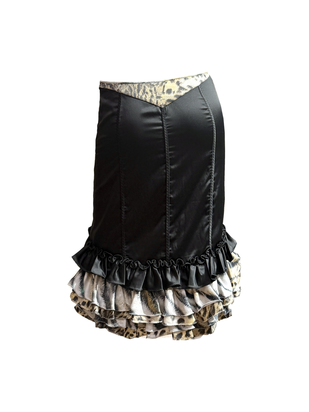 ROBERTO CAVALLI Black Satin & Leopard Ruffle Fishtail Skirt