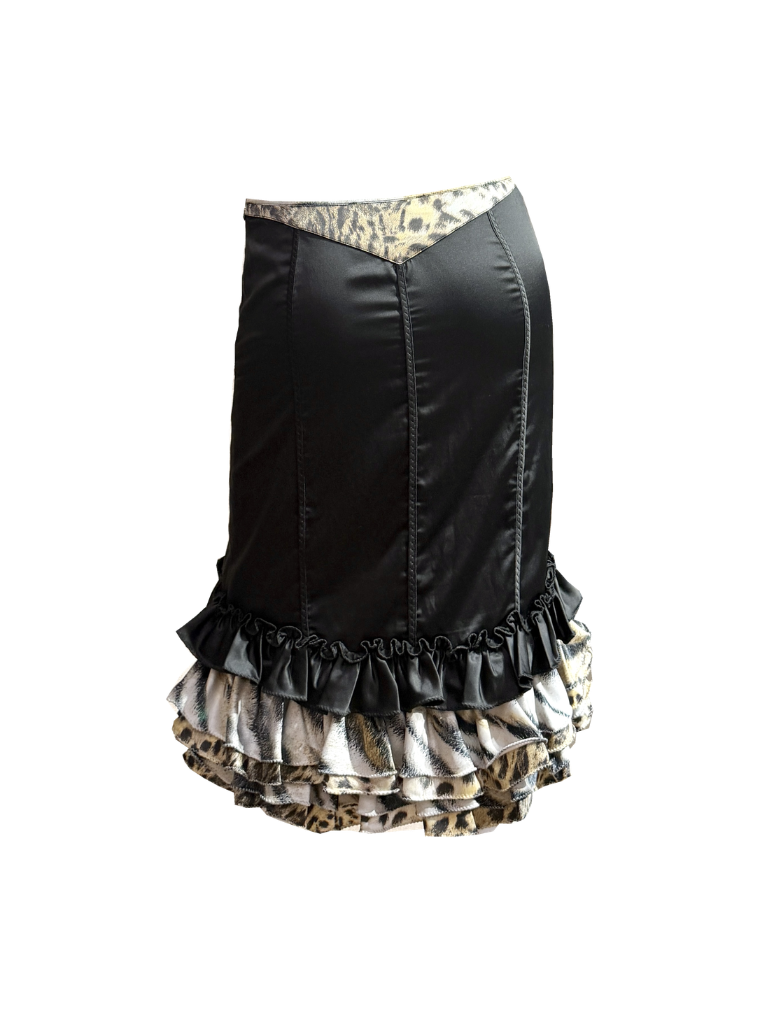 ROBERTO CAVALLI Black Satin & Leopard Ruffle Fishtail Skirt