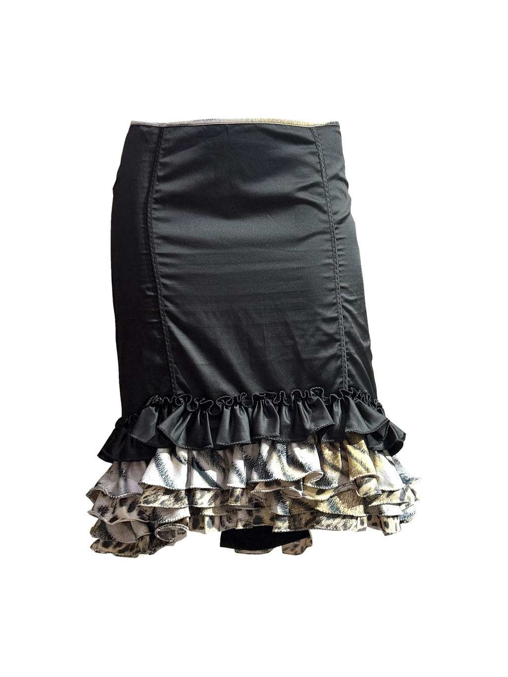 ROBERTO CAVALLI Black Satin & Leopard Ruffle Fishtail Skirt
