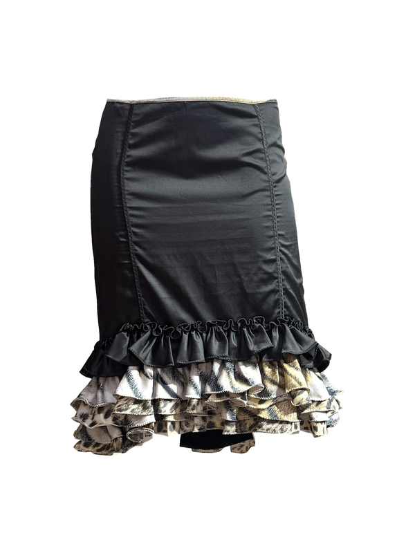 ROBERTO CAVALLI Black Satin & Leopard Ruffle Fishtail Skirt