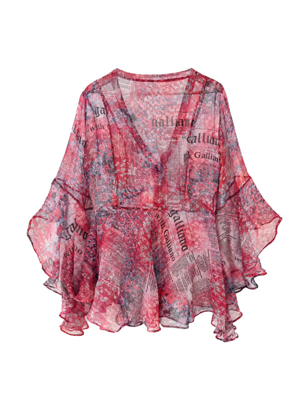 JOHN GALLIANO Y2K Newspaper print sheer silk blouse