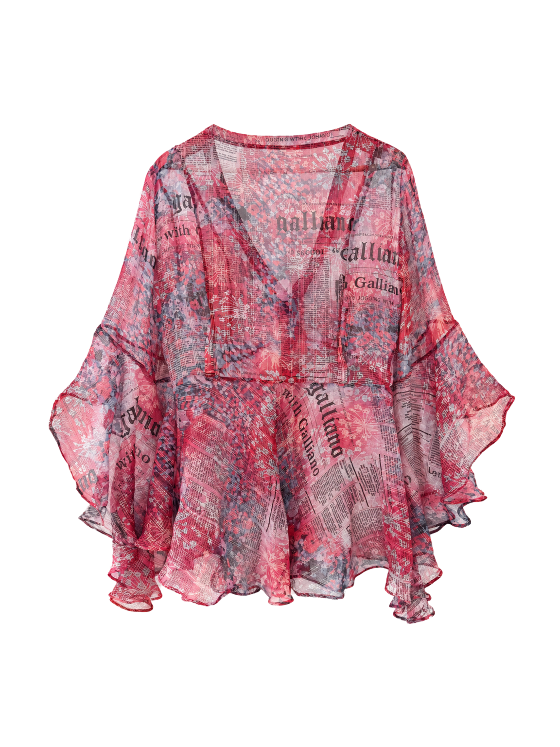 JOHN GALLIANO Y2K Newspaper print sheer silk blouse